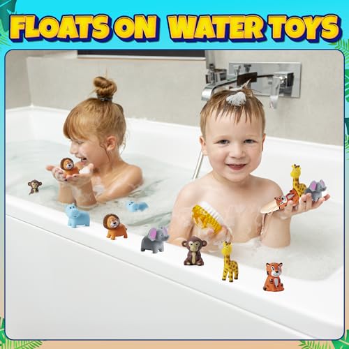 Mini Zoo Animals Bath Toys - Vinyl Rubber Jungle Safari Animal Figures, Squeezable Bath Tub Toys for Kids, Baby Shower, Birthday Party Supplies, Favors, Cake Decor, Table Decorations